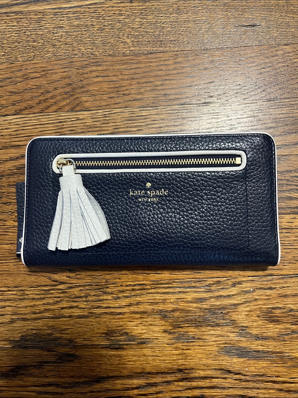kate spade navy blue Leather Wallet with White Tassel